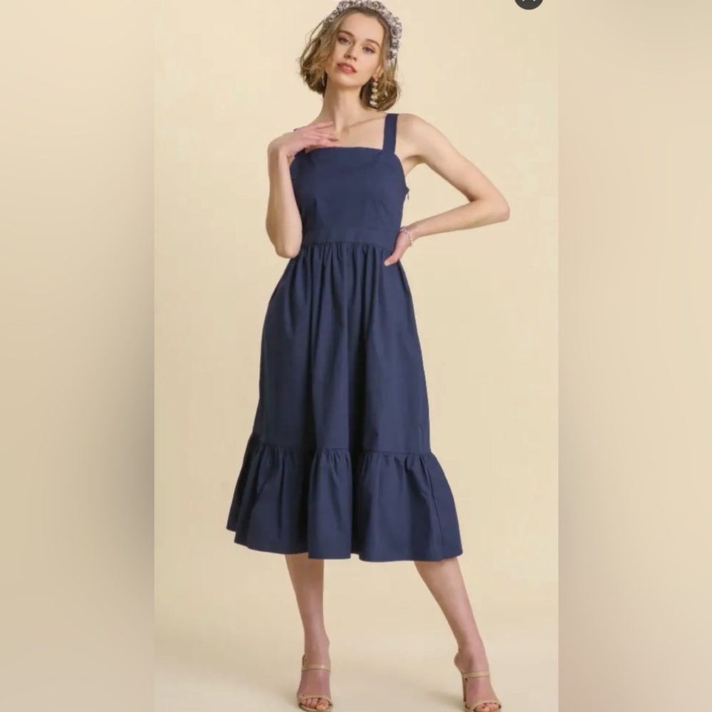 Blu Pepper Navy Square-Neck Midi Cotton Dress